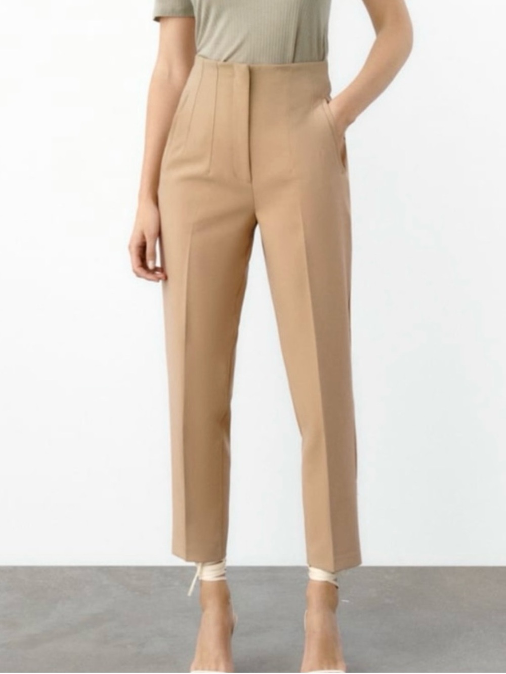 Zara High-Waist Tailored Slim Trousers In Beige Size L Large
